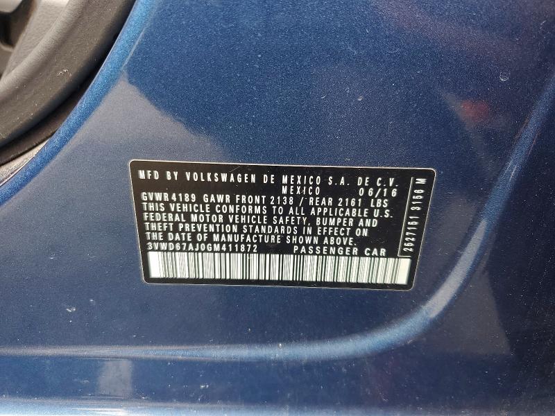 2016 Volkswagen Jetta მანქანა იყიდება აუქციონზე, vin: 3VWD67AJ0GM411872, აუქციონის ნომერი: 47817086