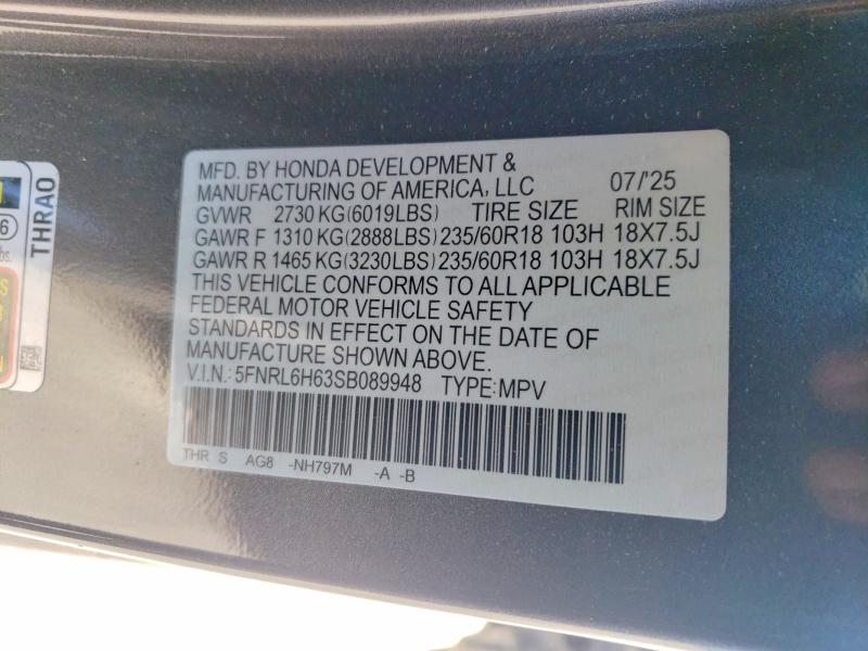 2025 Honda Odyssey მანქანა იყიდება აუქციონზე, vin: 5FNRL6H63SB089948, აუქციონის ნომერი: 50414956