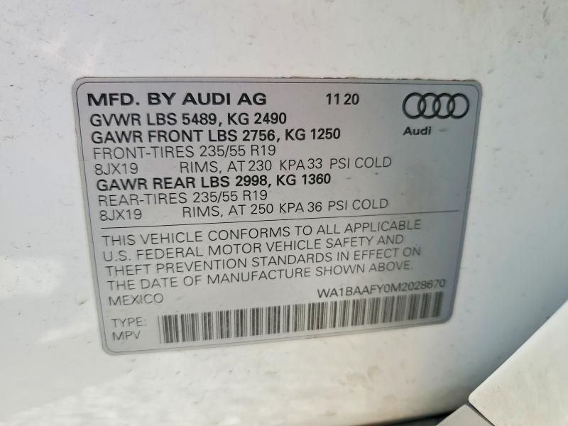 2021 Audi Q5 მანქანა იყიდება აუქციონზე, vin: WA1BAAFY0M2028670, აუქციონის ნომერი: 49344366