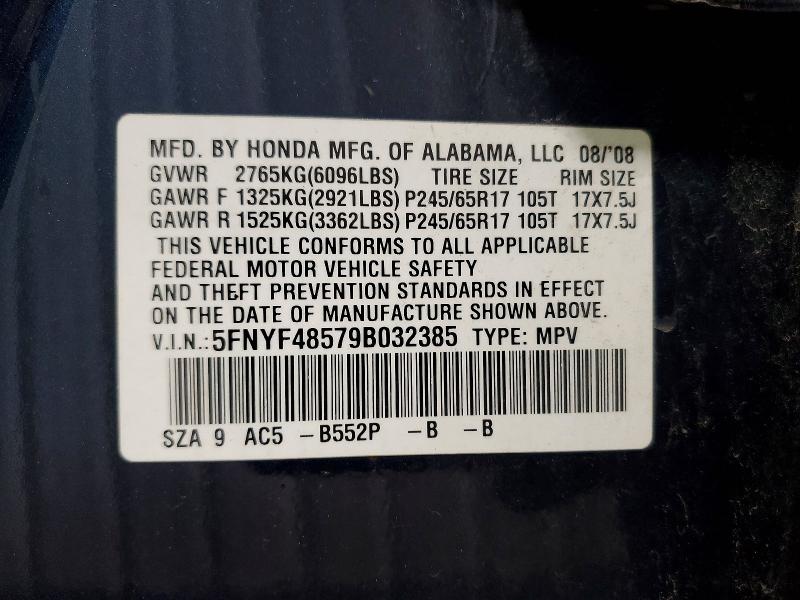 2009 Honda Pilot მანქანა იყიდება აუქციონზე, vin: 5FNYF48579B032385, აუქციონის ნომერი: 51656796