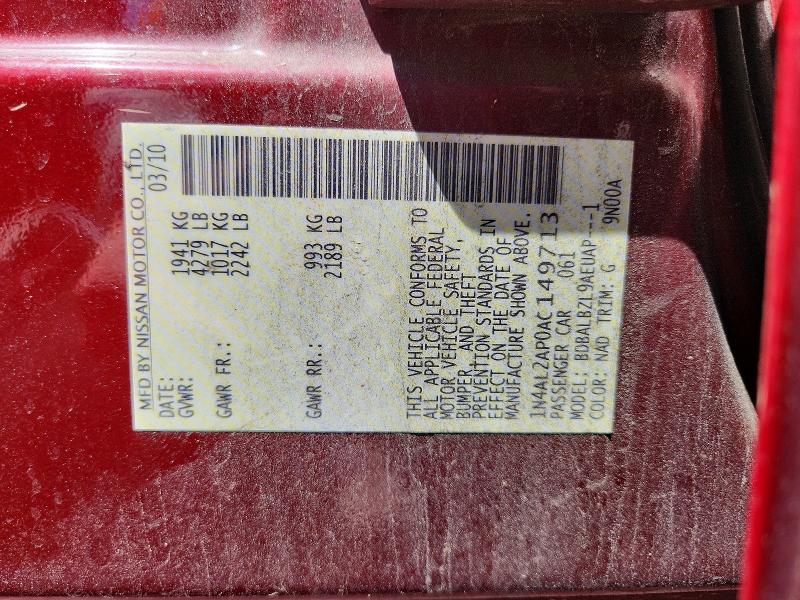50757576 :رقم المزاد ، 1N4AL2AP0AC149713 vin ، 2010 Nissan Altima مزاد بيع