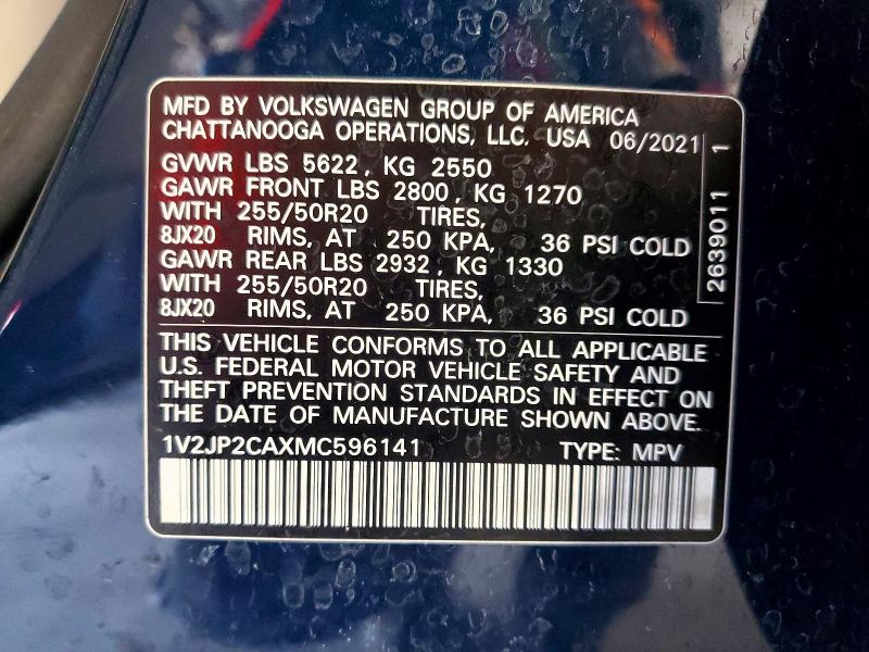 2021 Volkswagen Atlas მანქანა იყიდება აუქციონზე, vin: 1V2JP2CAXMC596141, აუქციონის ნომერი: 49481106