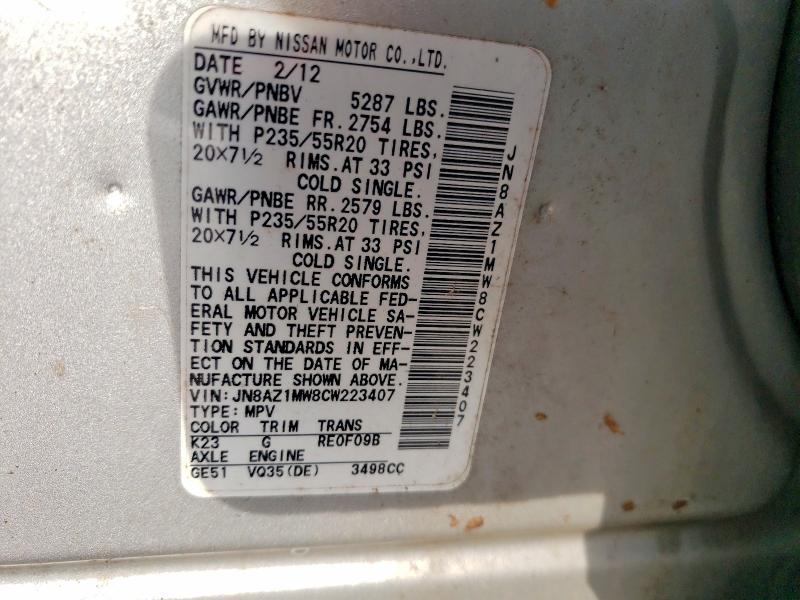 Продаж на аукціоні авто 2012 Nissan Murano, vin: JN8AZ1MW8CW223407, номер лоту: 50132906