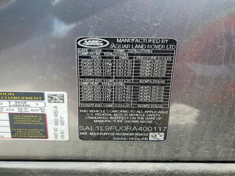 2024 Land Rover Range Rover Sport მანქანა იყიდება აუქციონზე, vin: SAL1L9FU0RA400117, აუქციონის ნომერი: 49501346