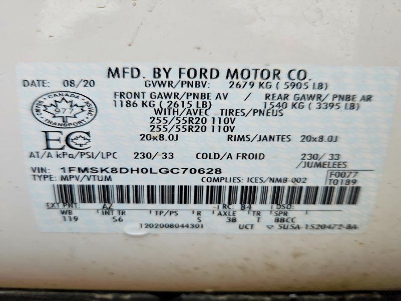 50311726 :رقم المزاد ، 1FMSK8DH0LGC70628 vin ، 2020 Ford Explorer مزاد بيع