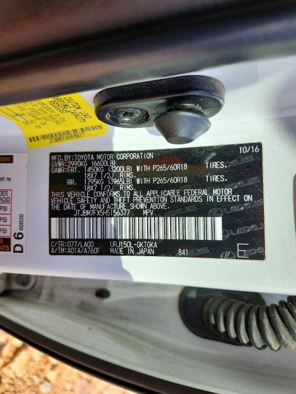 Aukcja sprzedaży 2017 Lexus Gx 460, vin: JTJBM7FX5H5156377, numer aukcji: 48879926