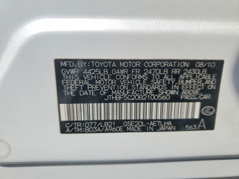 Aukcja sprzedaży 2011 Lexus Is, vin: JTHBF5C20B2100560, numer aukcji: 50497776