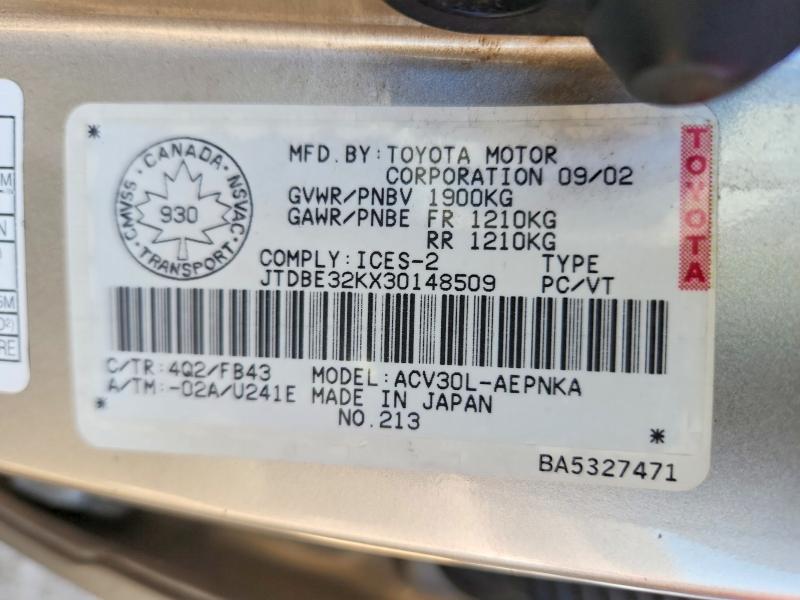 Aukcja sprzedaży 2003 Toyota Camry, vin: JTDBE32KX30148509, numer aukcji: 50639536