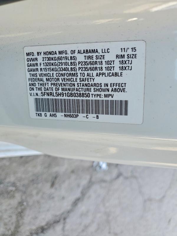 Aukcja sprzedaży 2016 Honda Odyssey, vin: 5FNRL5H91GB038850, numer aukcji: 50283266