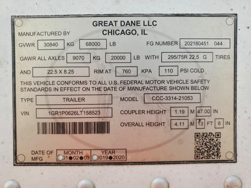 2020 Great Dane Trailers Dry Box Tr მანქანა იყიდება აუქციონზე, vin: 1GR1P0626LT158523, აუქციონის ნომერი: 48709306