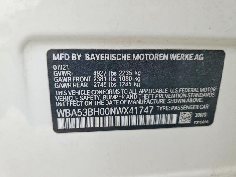 Продаж на аукціоні авто 2022 Bmw 530, vin: WBA53BH00NWX41747, номер лоту: 50152916
