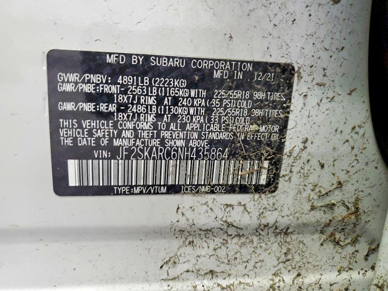 2022 Subaru Forester მანქანა იყიდება აუქციონზე, vin: JF2SKARC6NH435864, აუქციონის ნომერი: 51041626