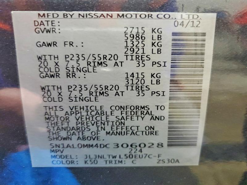 50785996 :رقم المزاد ، 5N1AL0MM4DC306028 vin ، 2013 Infiniti Jx35 مزاد بيع