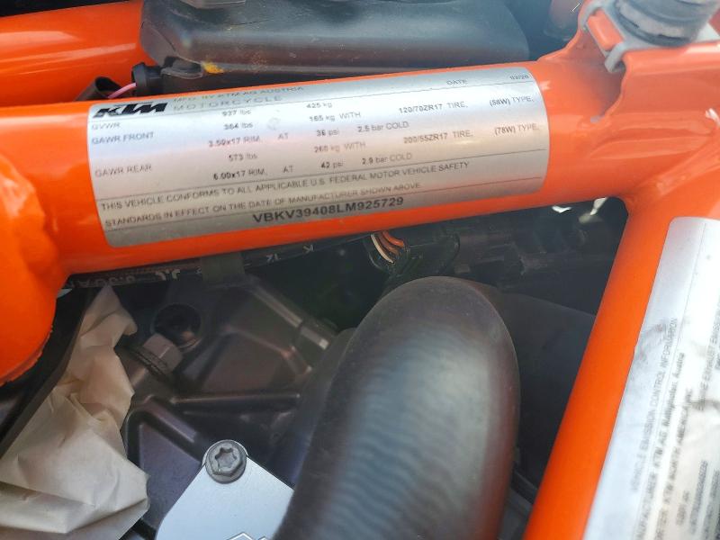 47615806 :رقم المزاد ، VBKV39408LM925729 vin ، 2020 Ktm 1290 مزاد بيع