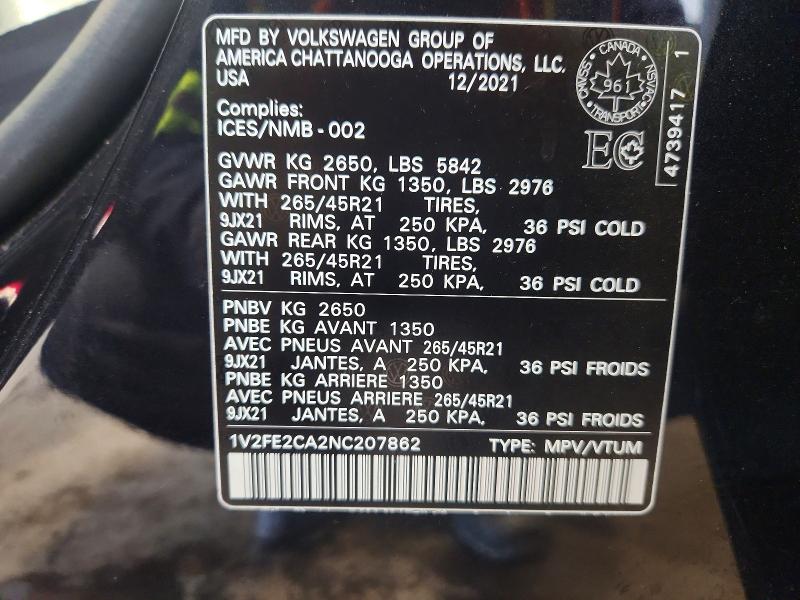 Продажа на аукционе авто 2022 Volkswagen Atlas Cross Sport, vin: 1V2FE2CA2NC207862, номер лота: 50999696