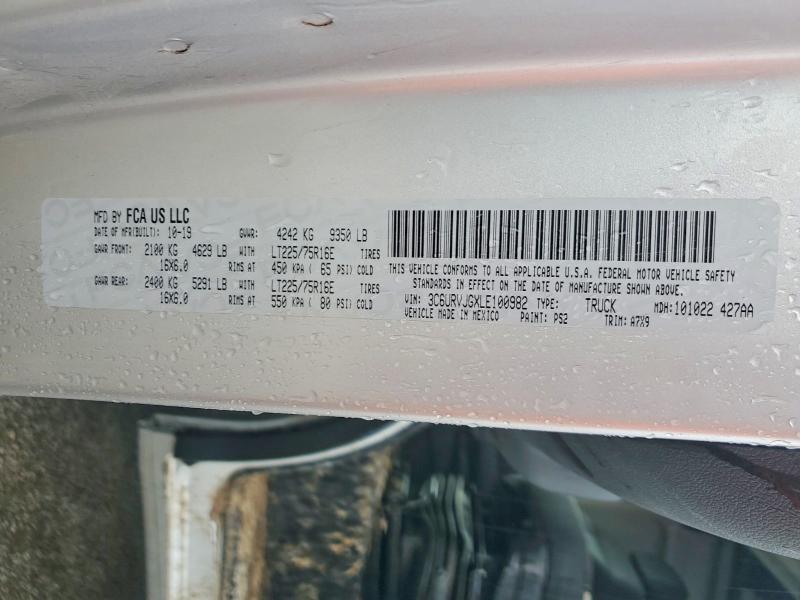 49511906 :رقم المزاد ، 3C6URVJGXLE100982 vin ، 2020 Ram Promaster 3500 مزاد بيع