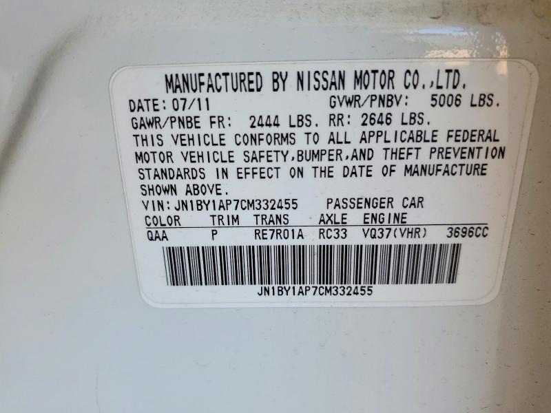 Aukcja sprzedaży 2012 Infiniti M37, vin: JN1BY1AP7CM332455, numer aukcji: 51329316
