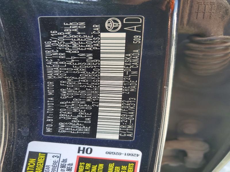 50310666 :رقم المزاد ، 2T1BURHE6GC650159 vin ، 2016 Toyota Corolla مزاد بيع