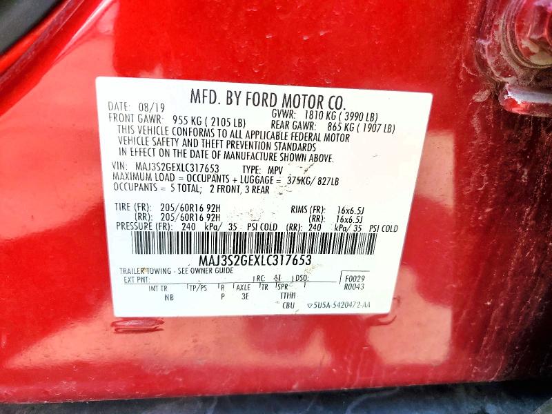 2020 Ford Ecosport მანქანა იყიდება აუქციონზე, vin: MAJ3S2GEXLC317653, აუქციონის ნომერი: 49088076