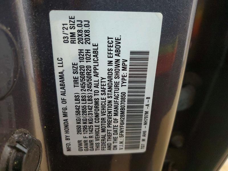 50508806 :رقم المزاد ، 5FNYF6H28MB070850 vin ، 2021 Honda Pilot مزاد بيع