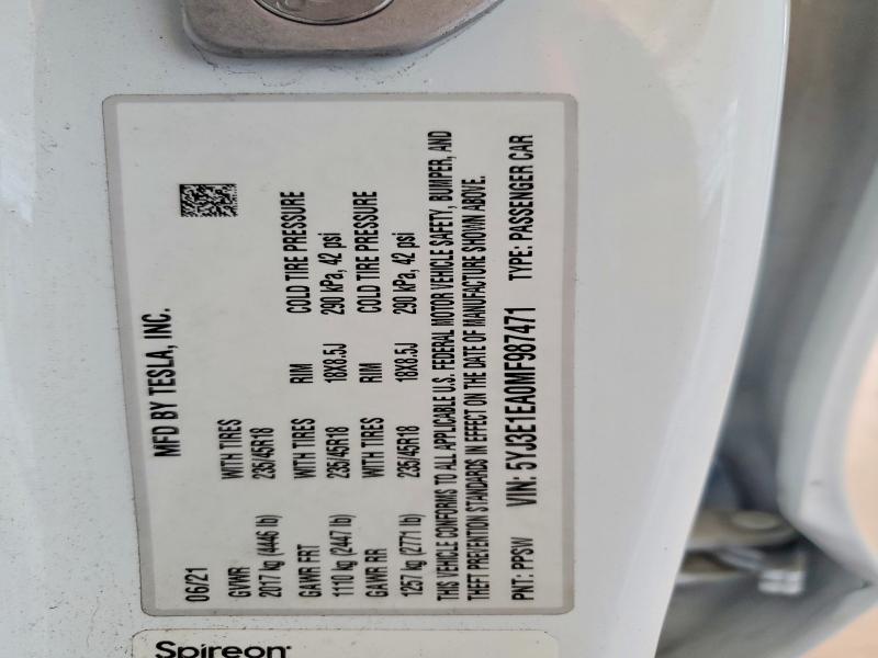 Aukcja sprzedaży 2021 Tesla Model 3, vin: 5YJ3E1EA0MF987471, numer aukcji: 51445336