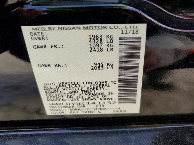2019 Nissan Altima მანქანა იყიდება აუქციონზე, vin: 1N4BL4FV4KC143132, აუქციონის ნომერი: 51842476