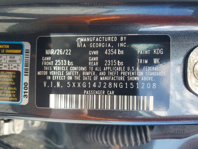 Auction sale of the 2022 Kia K5, vin: 5XXG14J28NG151208, lot number: 51406886