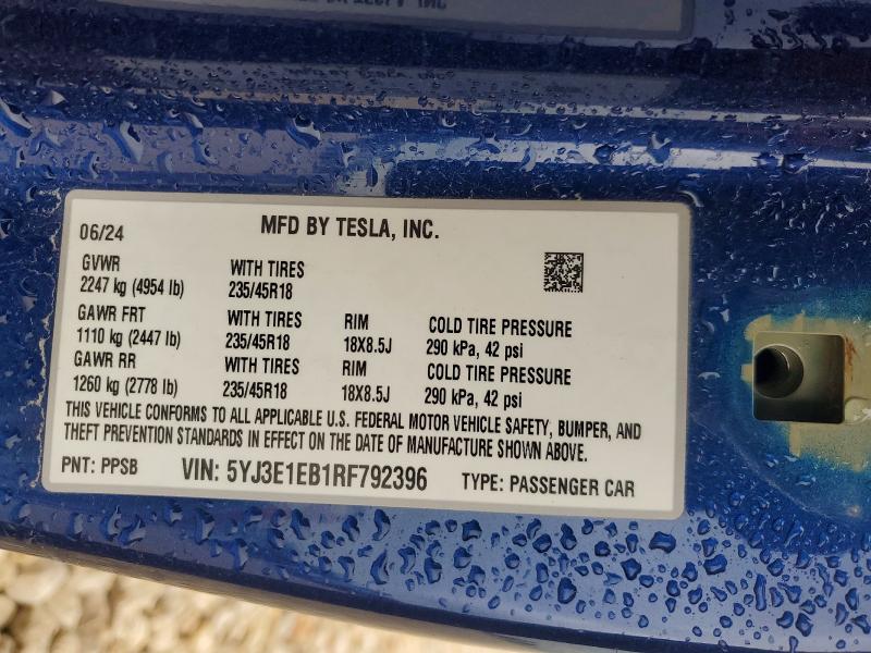 51529606 :رقم المزاد ، 5YJ3E1EB1RF792396 vin ، 2024 Tesla Model 3 مزاد بيع