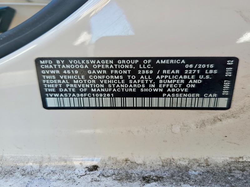 50398286 :رقم المزاد ، 1VWAS7A36FC109261 vin ، 2015 Volkswagen Passat مزاد بيع