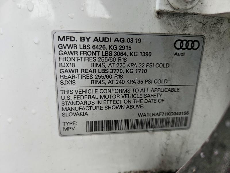 Продажа на аукционе авто 2019 Audi Q7, vin: WA1LHAF71KD040156, номер лота: 48312836