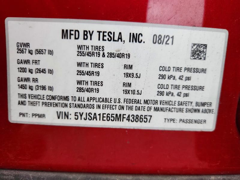 Aukcja sprzedaży 2021 Tesla Model S, vin: 5YJSA1E65MF438657, numer aukcji: 49812246