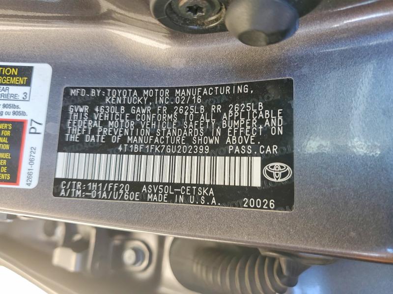 50988526 :رقم المزاد ، 4T1BF1FK7GU202399 vin ، 2016 Toyota Camry مزاد بيع