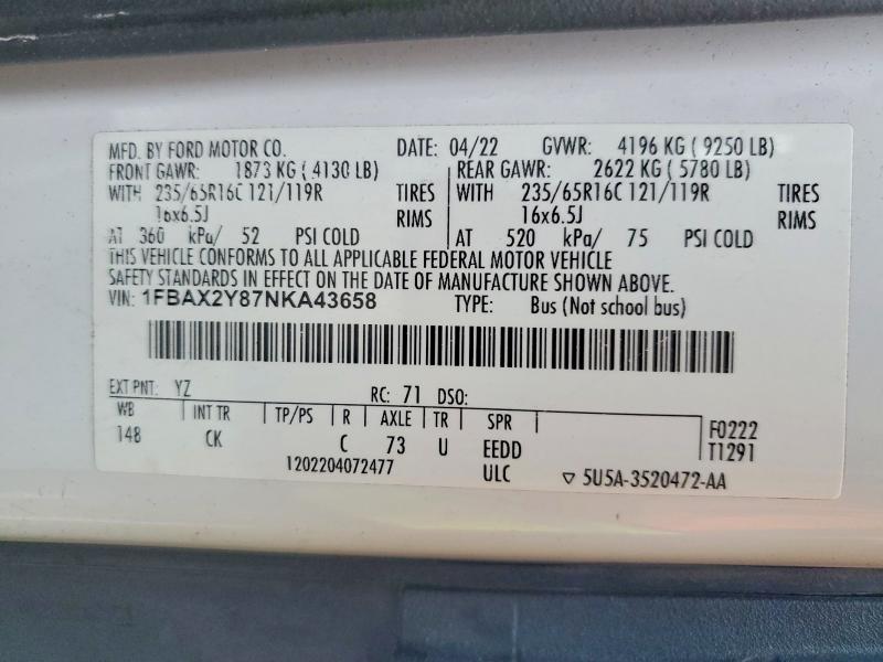 46236826 :رقم المزاد ، 1FBAX2Y87NKA43658 vin ، 2022 Ford Transit مزاد بيع
