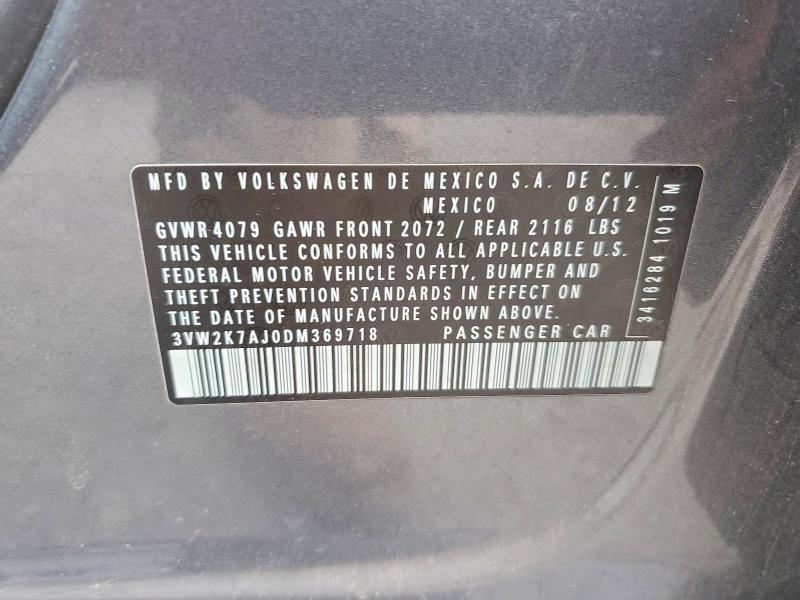 2013 Volkswagen Jetta მანქანა იყიდება აუქციონზე, vin: 3VW2K7AJ0DM369718, აუქციონის ნომერი: 51184146