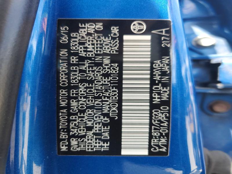 51672206 :رقم المزاد ، JTDKDTB30F1101824 vin ، 2015 Toyota Prius C مزاد بيع