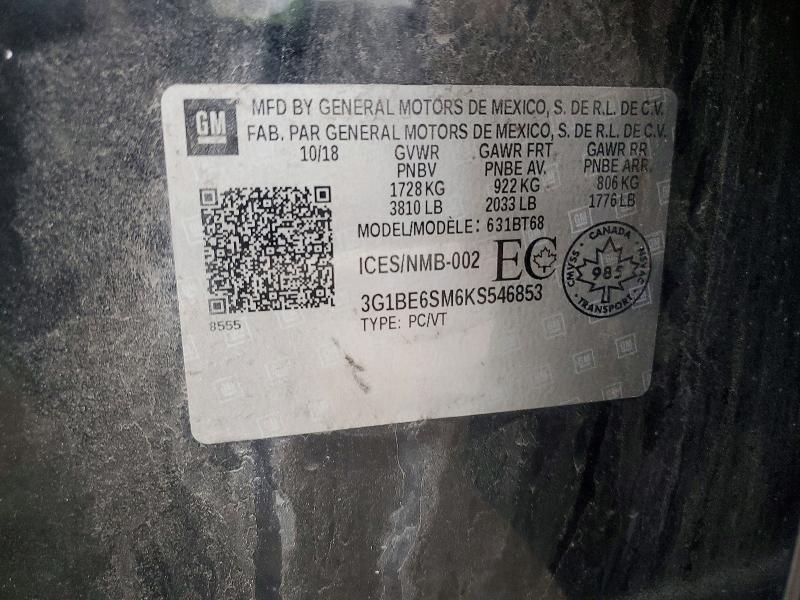47510816 :رقم المزاد ، 3G1BE6SM6KS546853 vin ، 2019 Chevrolet Cruze مزاد بيع