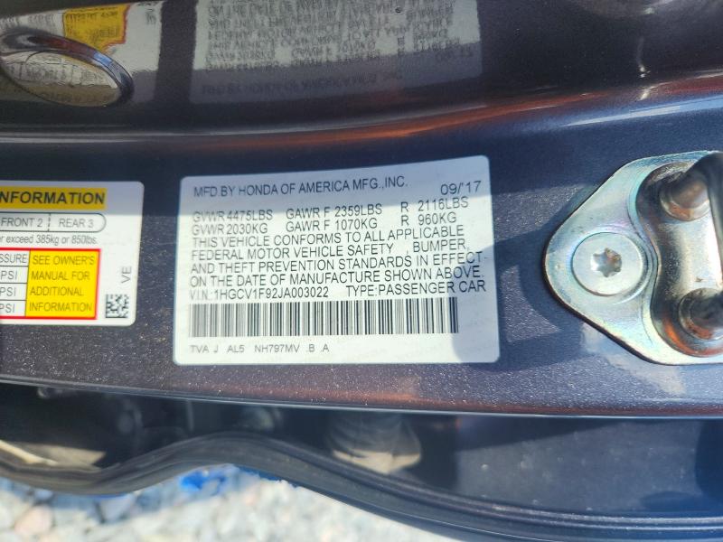 49948416 :رقم المزاد ، 1HGCV1F92JA003022 vin ، 2018 Honda Accord مزاد بيع