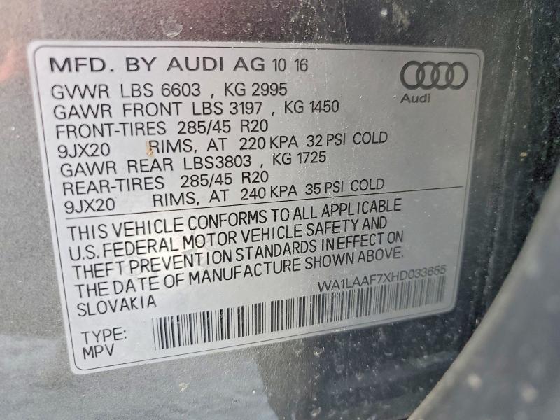 2017 Audi Q7 მანქანა იყიდება აუქციონზე, vin: WA1LAAF7XHD033655, აუქციონის ნომერი: 50586976