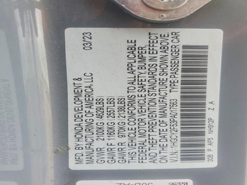2023 Honda Accord მანქანა იყიდება აუქციონზე, vin: 1HGCY2F53PA017563, აუქციონის ნომერი: 50701556