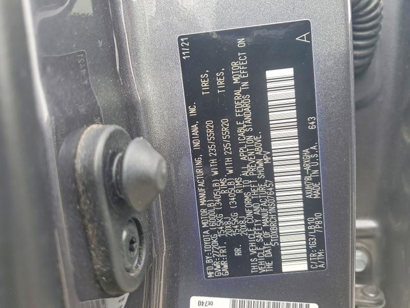 51836726 :رقم المزاد ، 5TDXBRCH1NS076457 vin ، 2022 Toyota Highlander Hybrid مزاد بيع