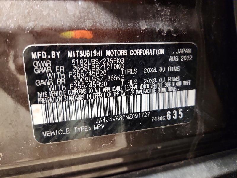 49465846 :رقم المزاد ، JA4J4VA87NZ091727 vin ، 2022 Mitsubishi Outlander مزاد بيع