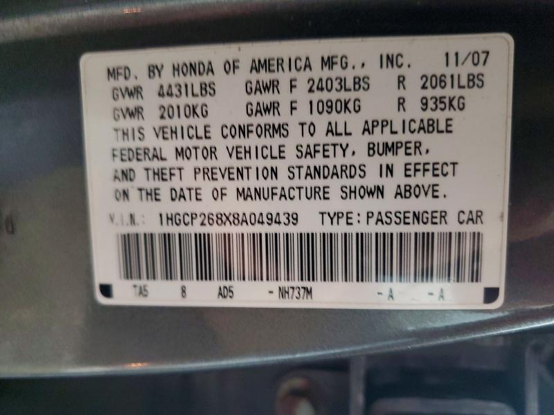 2008 Honda Accord მანქანა იყიდება აუქციონზე, vin: 1HGCP268X8A049439, აუქციონის ნომერი: 51619906