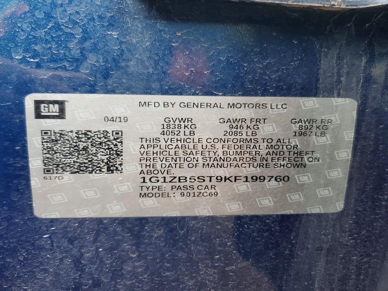 49102946 :رقم المزاد ، 1G1ZB5ST9KF199760 vin ، 2019 Chevrolet Malibu مزاد بيع