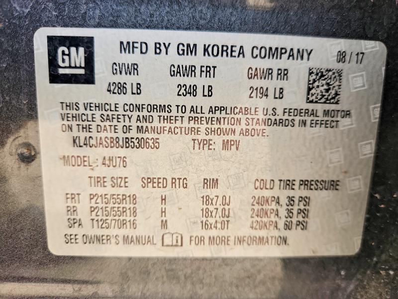 2018 Buick Encore მანქანა იყიდება აუქციონზე, vin: KL4CJASB8JB530635, აუქციონის ნომერი: 50243656