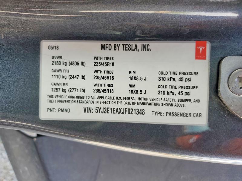 2018 Tesla Model 3 მანქანა იყიდება აუქციონზე, vin: 5YJ3E1EAXJF021348, აუქციონის ნომერი: 48318006