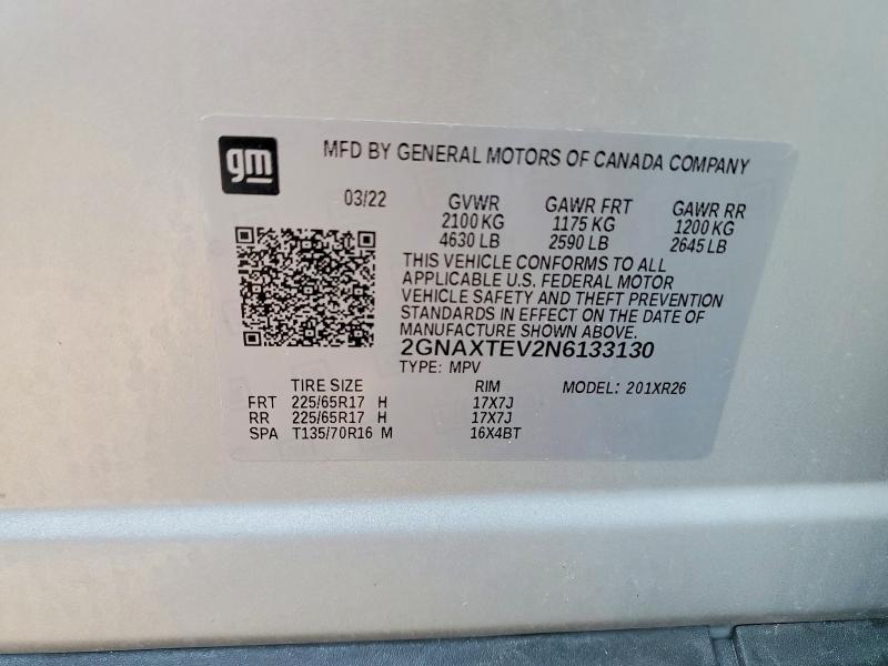 Продажа на аукционе авто 2022 Chevrolet Equinox, vin: 2GNAXTEV2N6133130, номер лота: 49718226