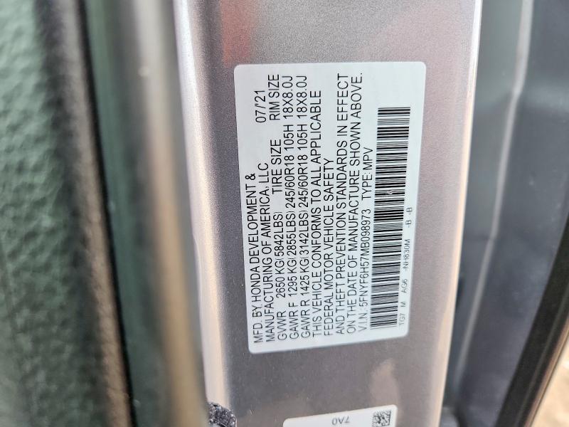 Aukcja sprzedaży 2021 Honda Pilot, vin: 5FNYF6H57MB098973, numer aukcji: 48744006