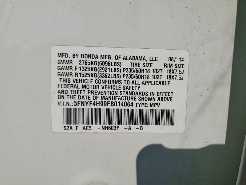 51077386 :رقم المزاد ، 5FNYF4H99FB014064 vin ، 2015 Honda Pilot مزاد بيع