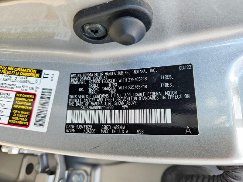 Aukcja sprzedaży 2022 Toyota Highlander, vin: 5TDZZRAH0NS116888, numer aukcji: 48207466