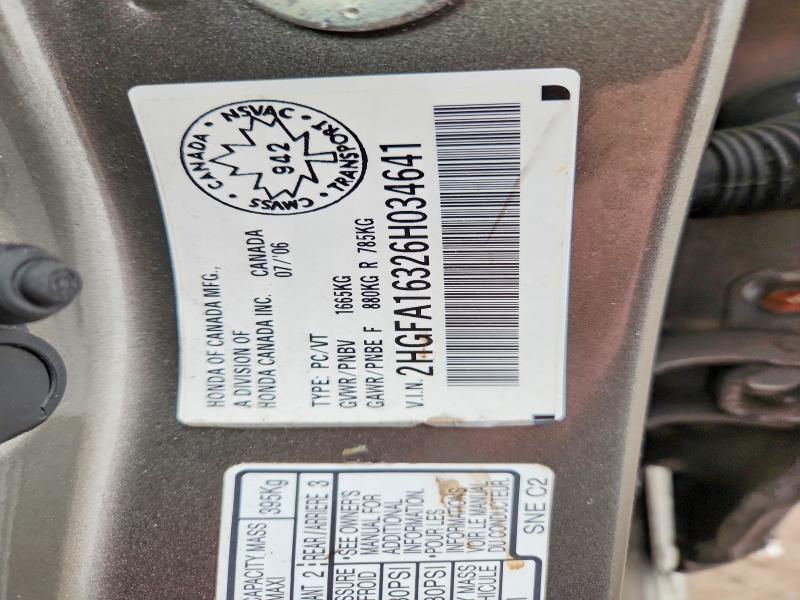 Aukcja sprzedaży 2006 Honda Civic, vin: 2HGFA16326H034641, numer aukcji: 50094786